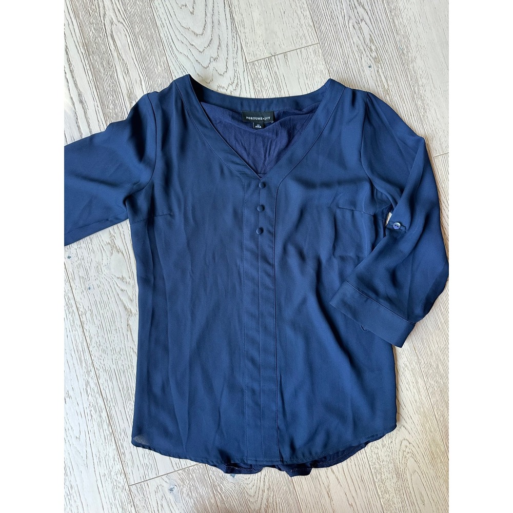 Fortune + Ivy Womens Navy Blue Mixed Media Roll Tab Sleeve V-Neck Blouse XS